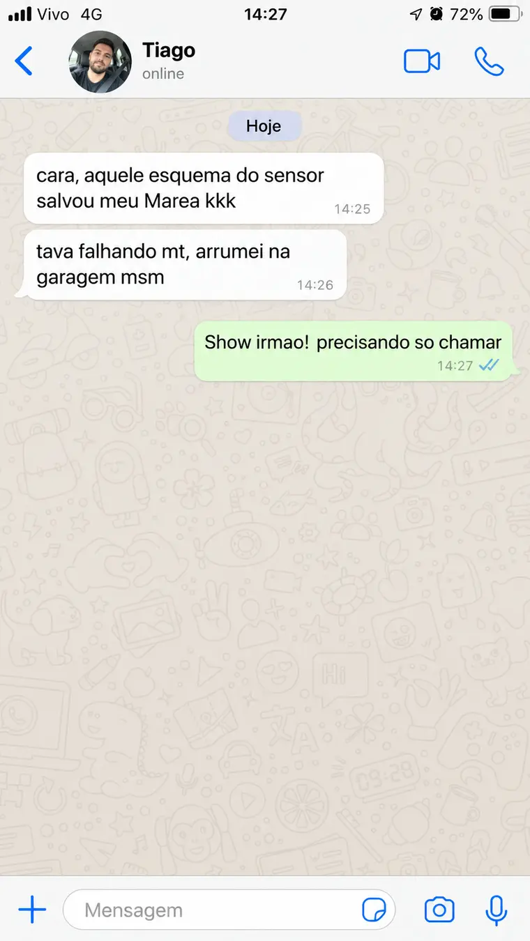 Conversa enviada por Tiago relatando que uma orientação sobre sensor ajudou com a falha do carro
